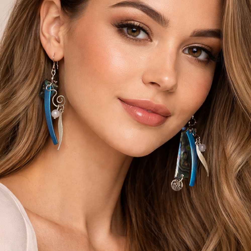Silver‎ Forest Blue Abalone Shell Dangle Earrings  Handcrafted USA  1.75”